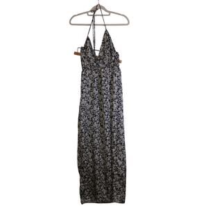 II Black Floral Halterneck Maxi Sundress, Back Tie And Slit Size M